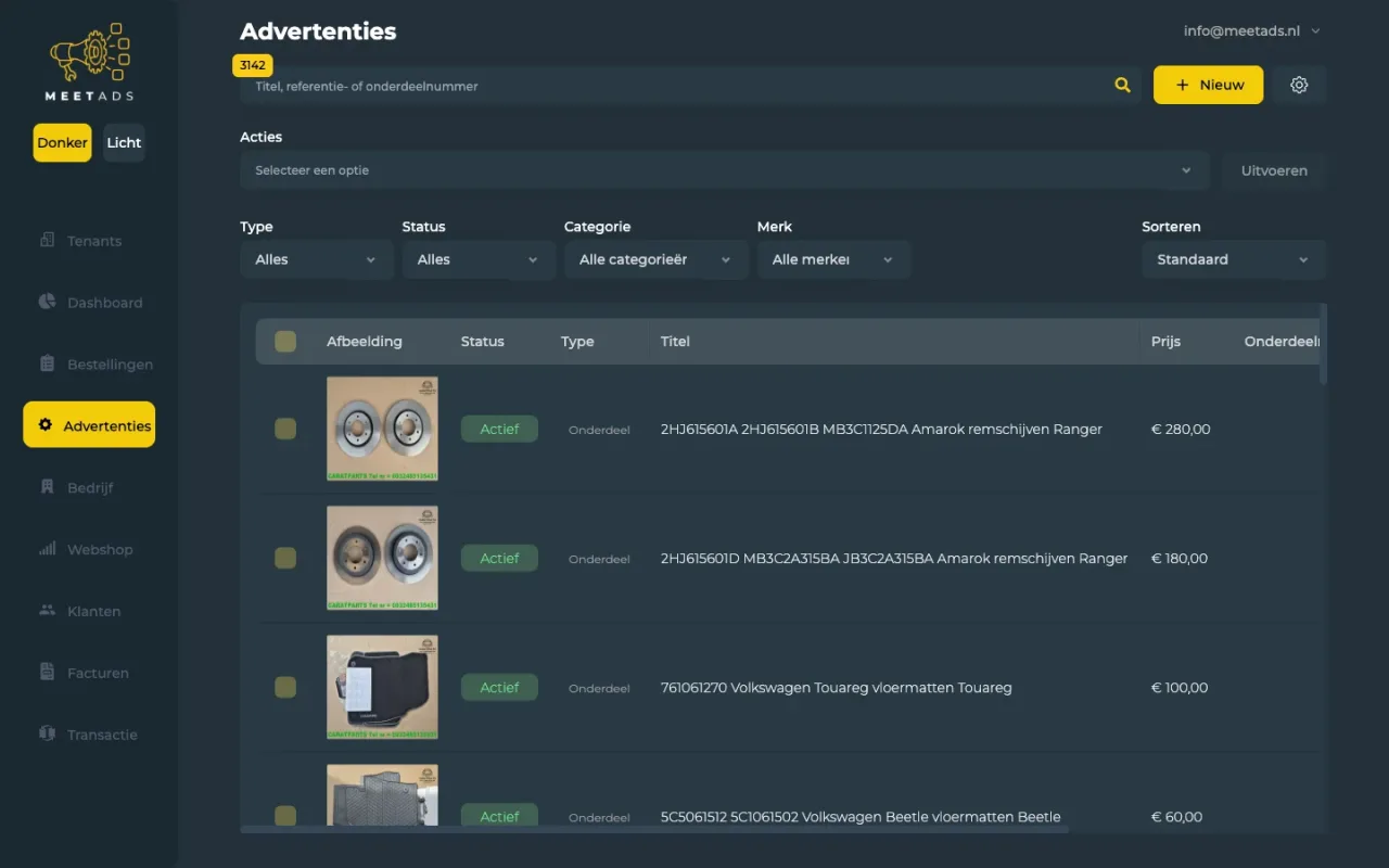 MeetAds advertentielijst met velgen en specificaties